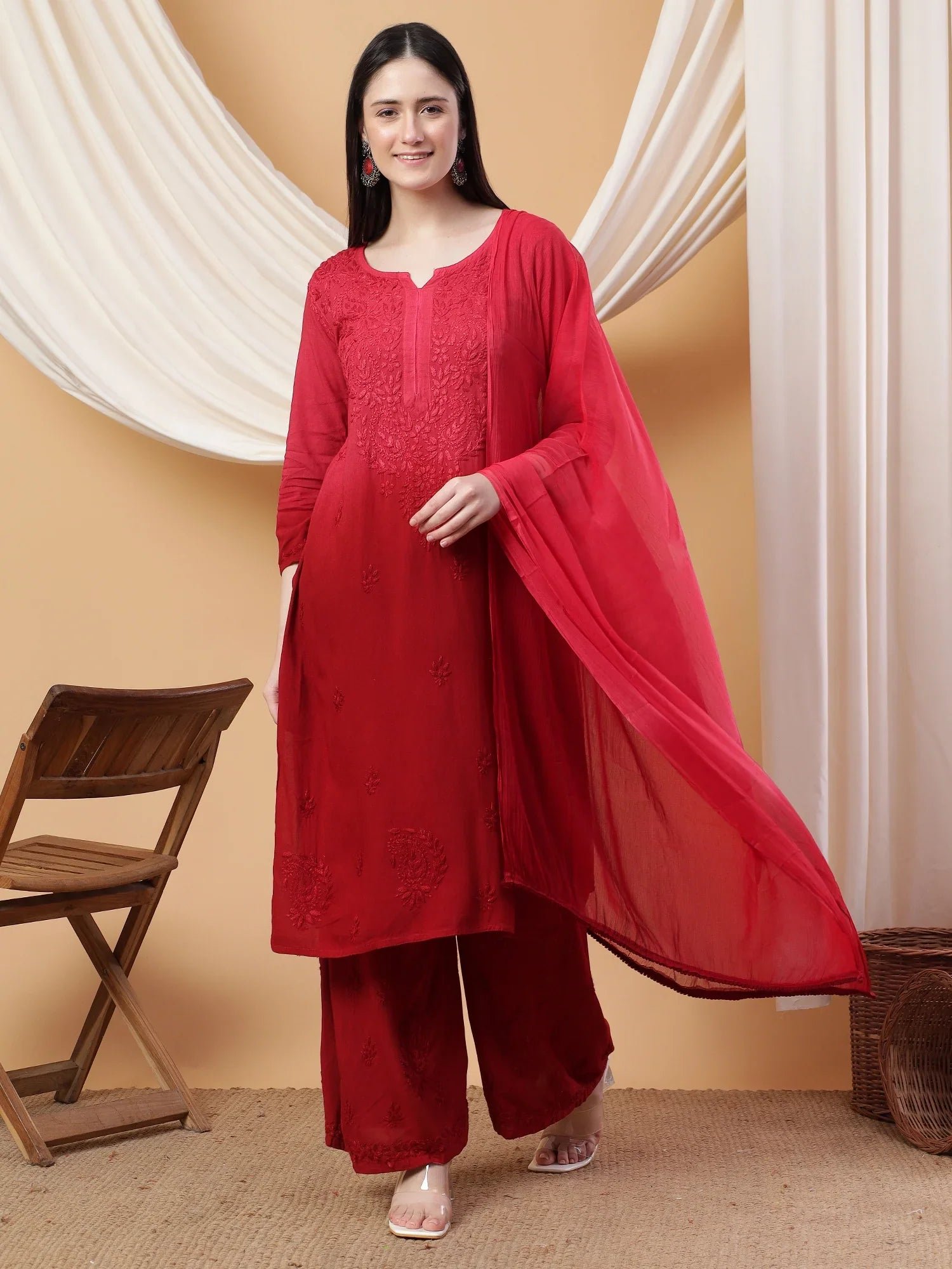 Meher Chikankari Ombre Rayon Co-ord Set (Maroon) - Image 3