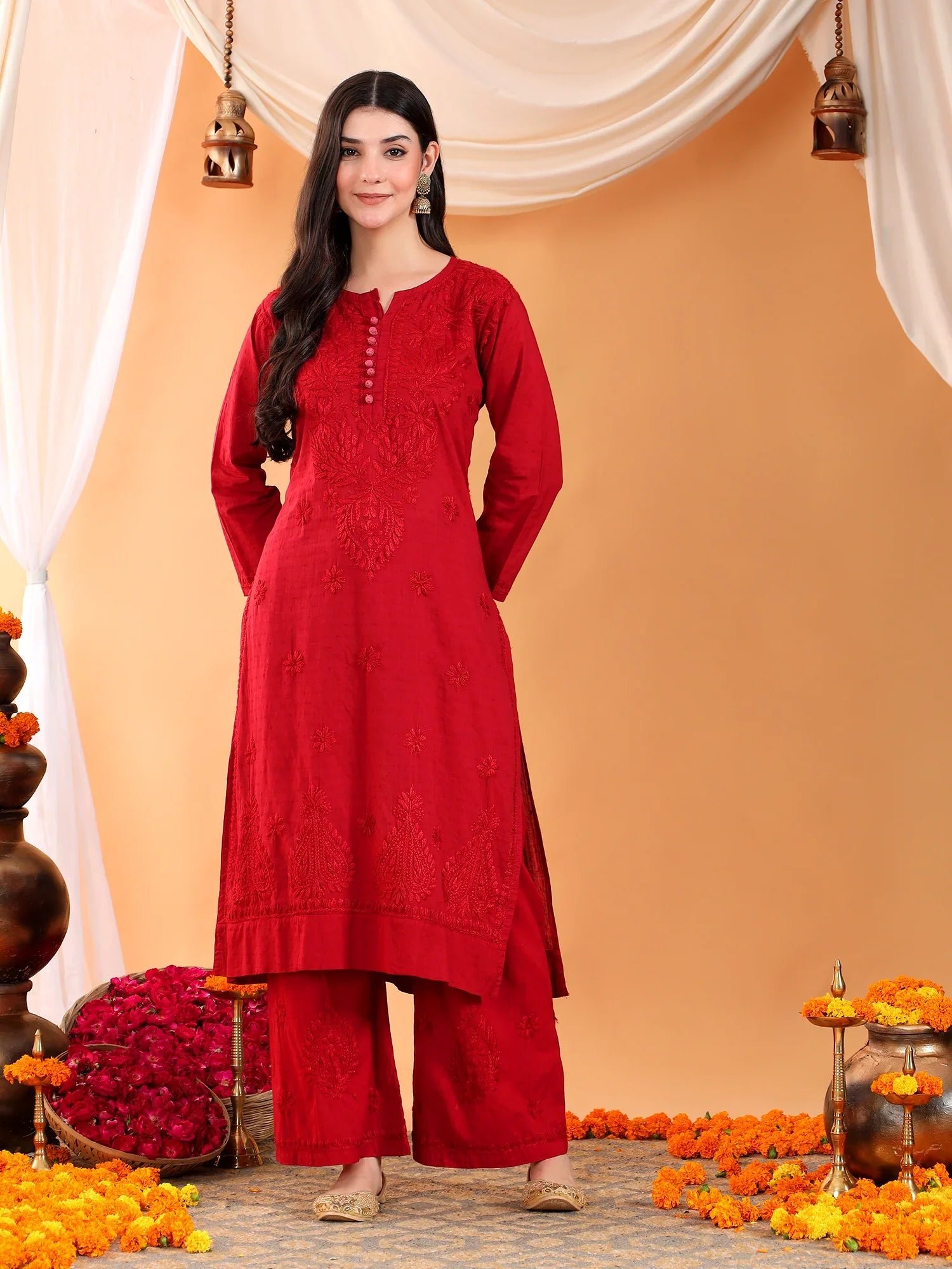 Priya Chikankari Kurta Palazzo Cotton Co-ord Set (Maroon) - Image 6