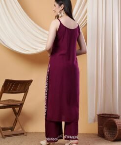 Raha Chikankari Strappy Rayon Co-ord Set (Wine) - Image 5