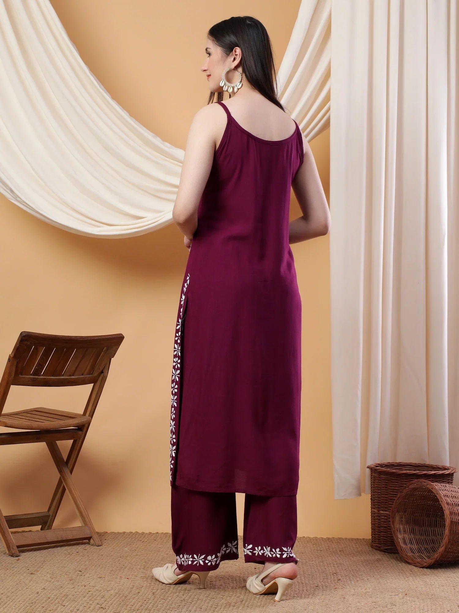 Raha Chikankari Strappy Rayon Co-ord Set (Wine) - Image 5