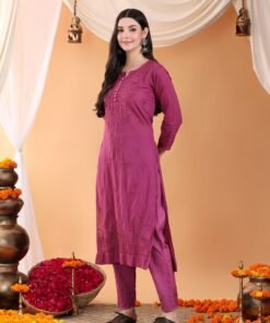 Ananya Chikankari Kurta Pant Cotton Co-ord Set (Wine) - Image 6