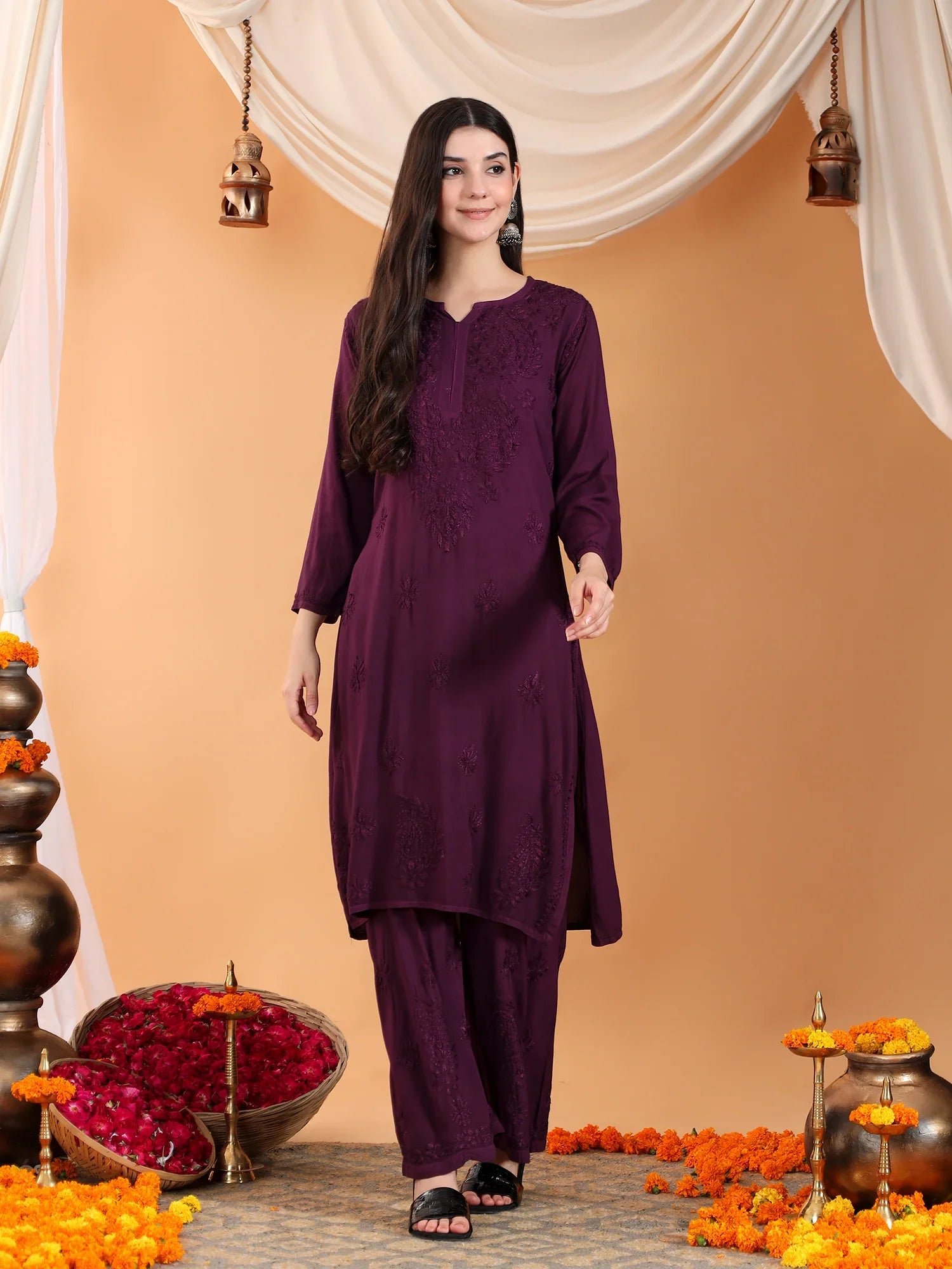 Maryam Chikankari Rayon Co-ord Set (Wine) - Image 5