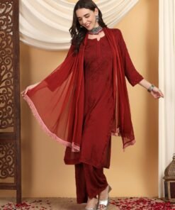 Farha Chikankari Premium Modal Co-ord Set (Maroon)
