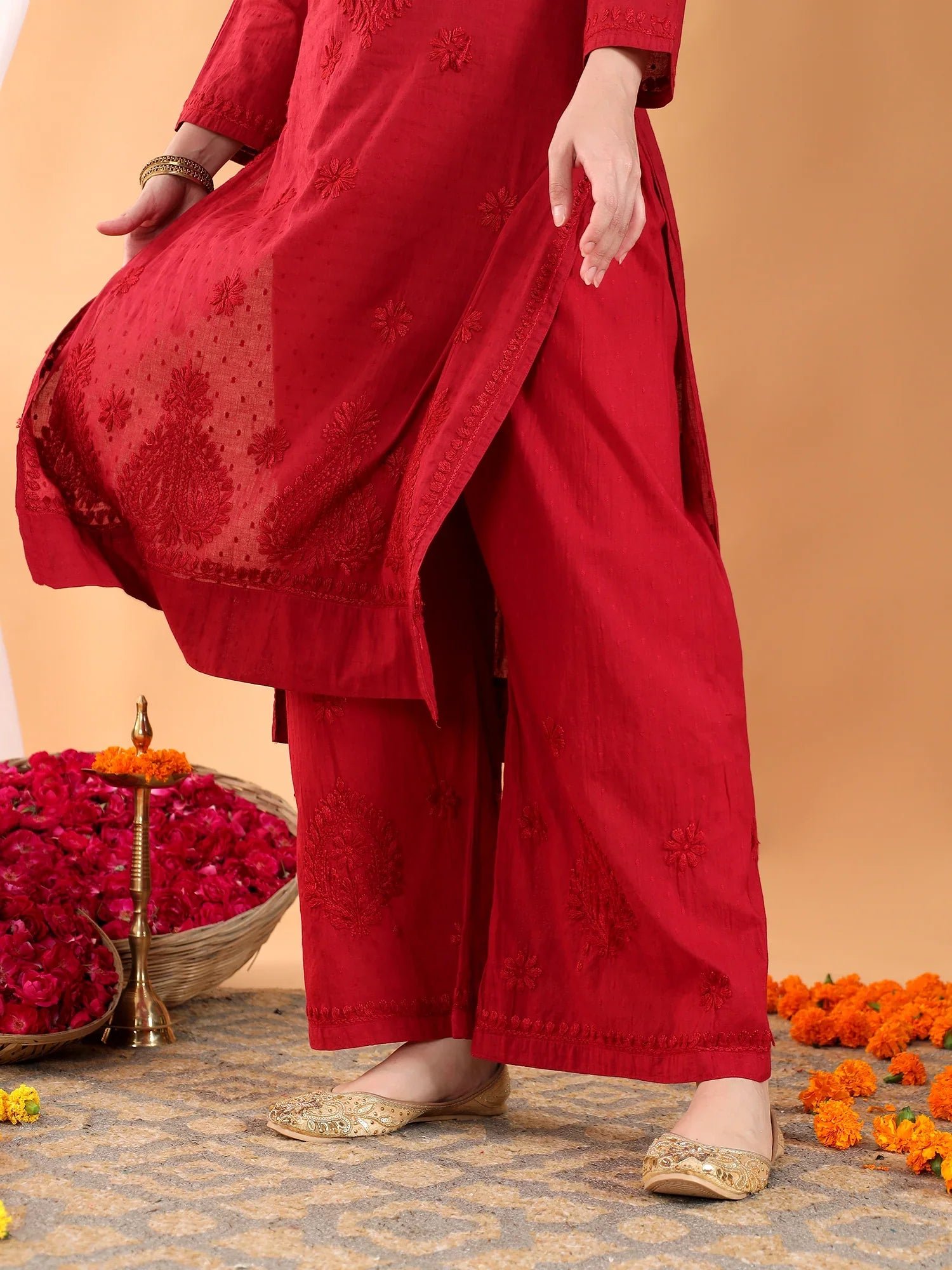 Priya Chikankari Kurta Palazzo Cotton Co-ord Set (Maroon) - Image 7