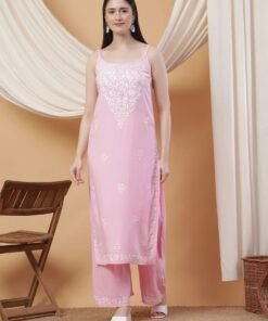 Raha Chikankari Strappy Rayon Co-ord Set (Baby Pink)