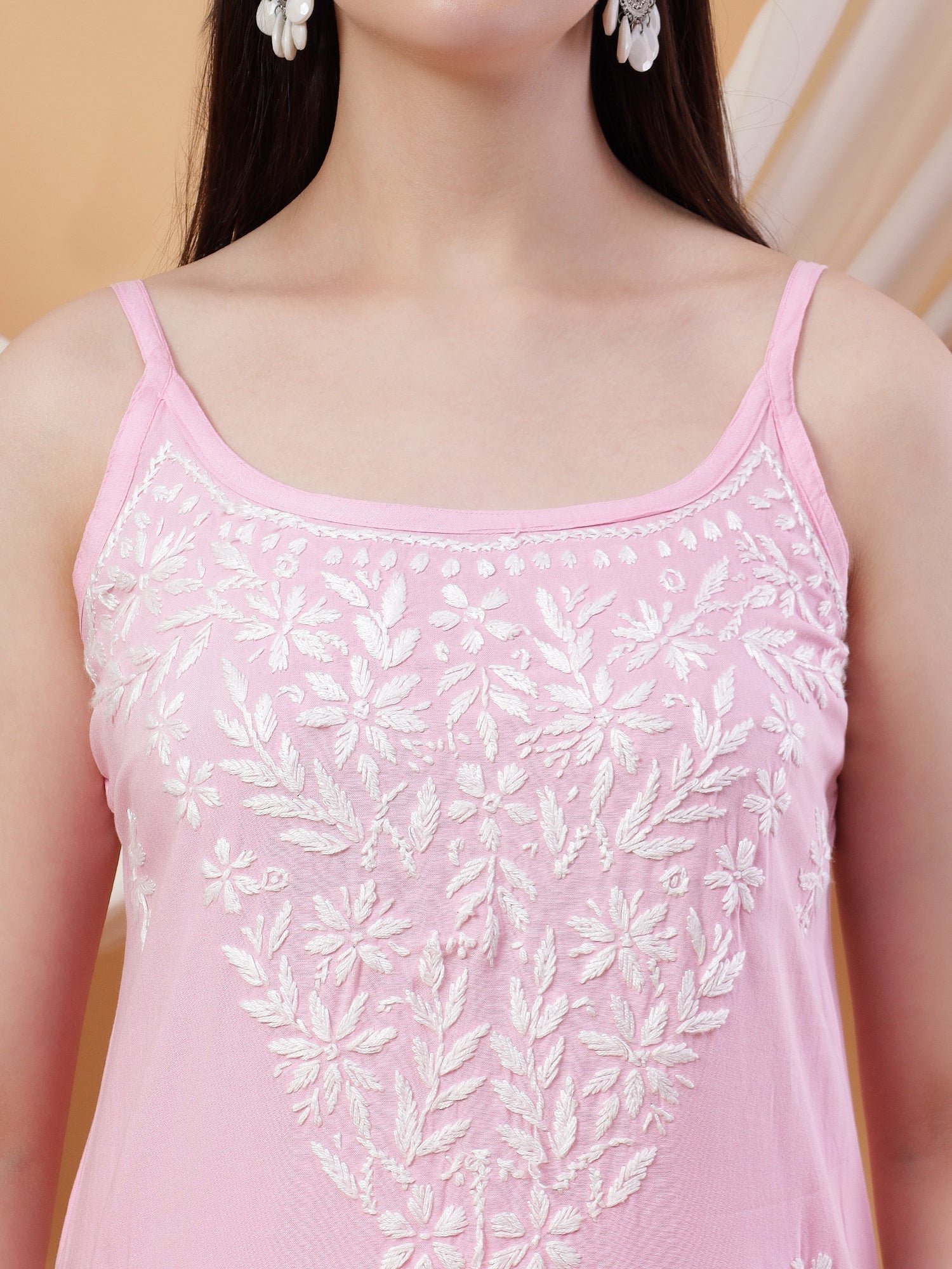 Raha Chikankari Strappy Rayon Co-ord Set (Baby Pink) - Image 2