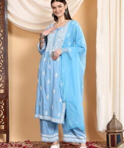 Haya Chikankari Rayon Co-ord Set (Powder Blue)