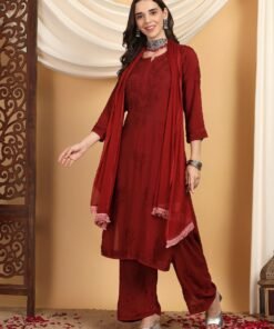 Alternative view of Farha Chikankari Premium Modal Co-ord Set (Maroon)
