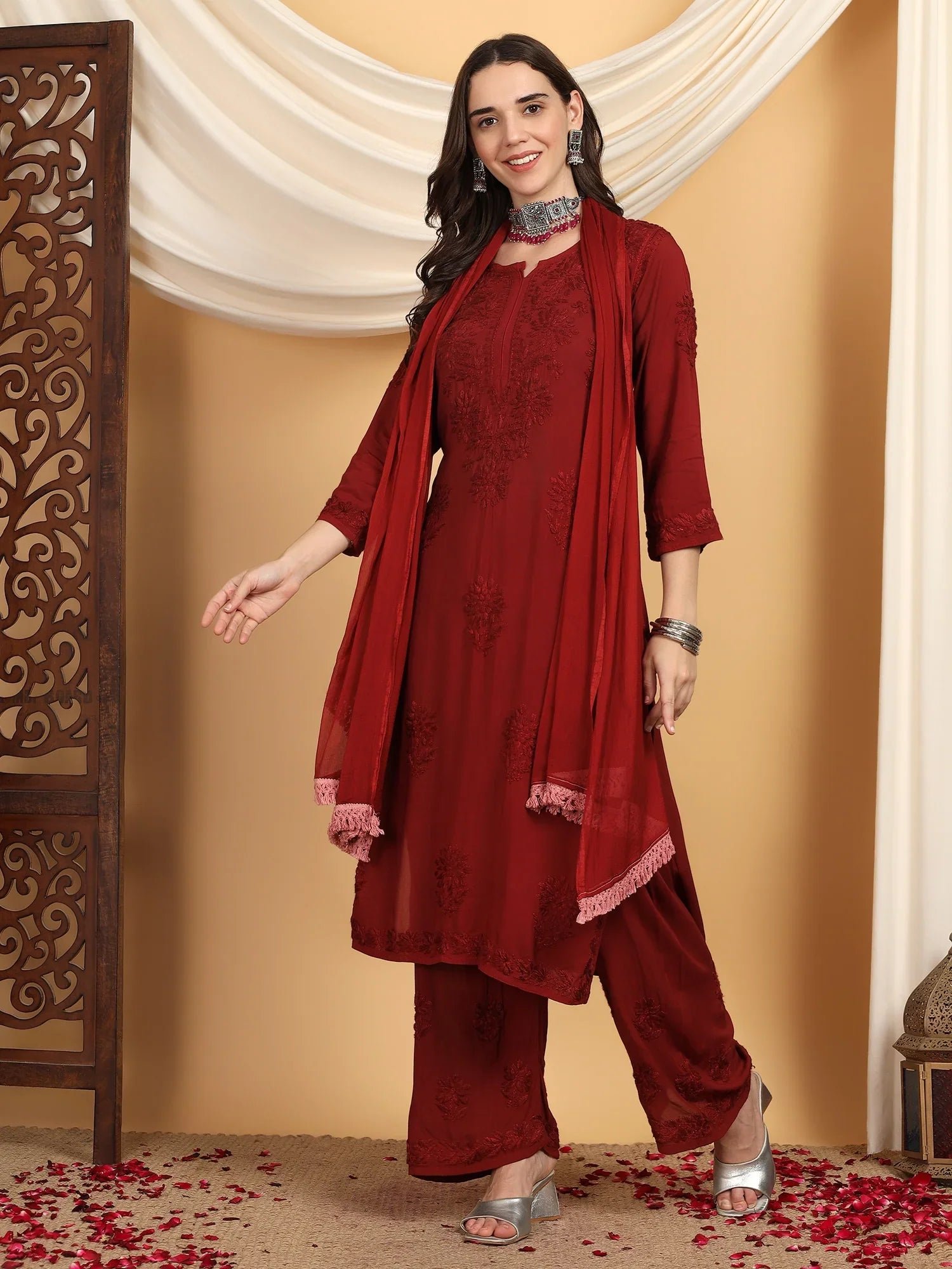 Farha Chikankari Premium Modal Co-ord Set (Maroon) - Image 2