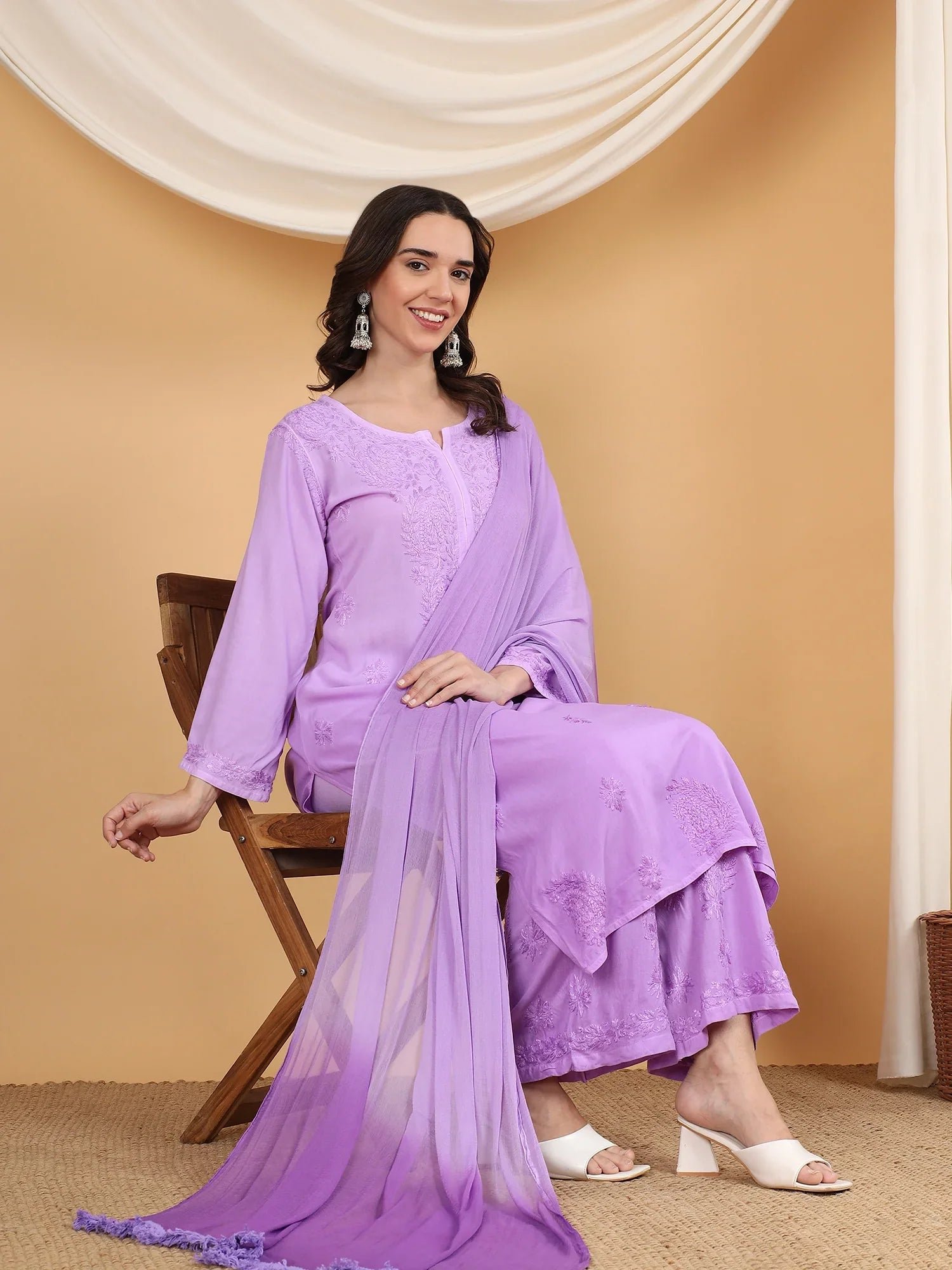 Meher Chikankari Ombre Rayon Co-ord Set (Lavender) - Image 2