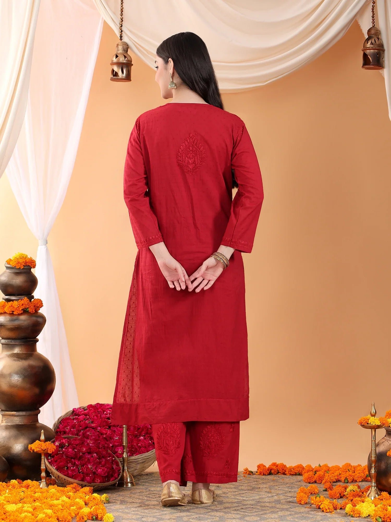 Priya Chikankari Kurta Palazzo Cotton Co-ord Set (Maroon) - Image 8