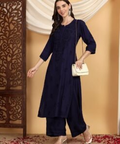 Faiza Chikankari Rayon Co-ord Set (Navy)