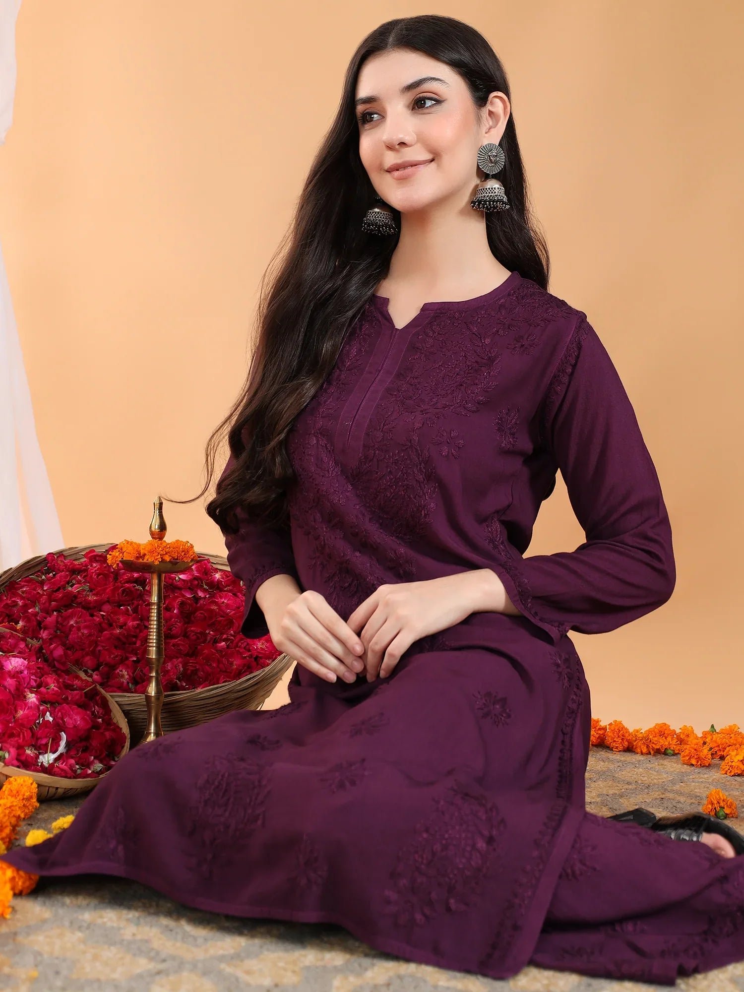 Maryam Chikankari Rayon Co-ord Set (Wine) - Image 6