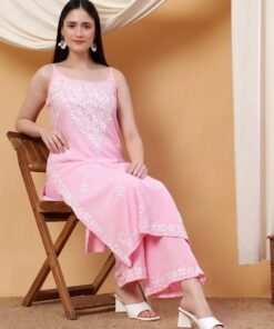 Raha Chikankari Strappy Rayon Co-ord Set (Baby Pink) - Image 3