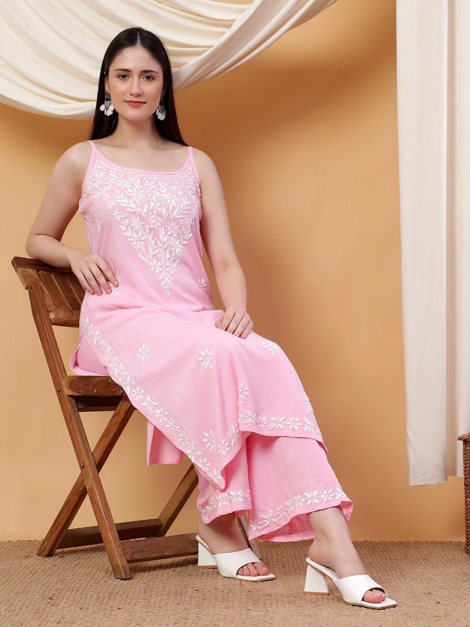 Raha Chikankari Strappy Rayon Co-ord Set (Baby Pink) - Image 3