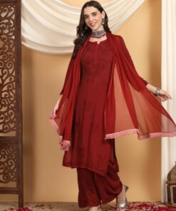 Farha Chikankari Premium Modal Co-ord Set (Maroon) - Image 3
