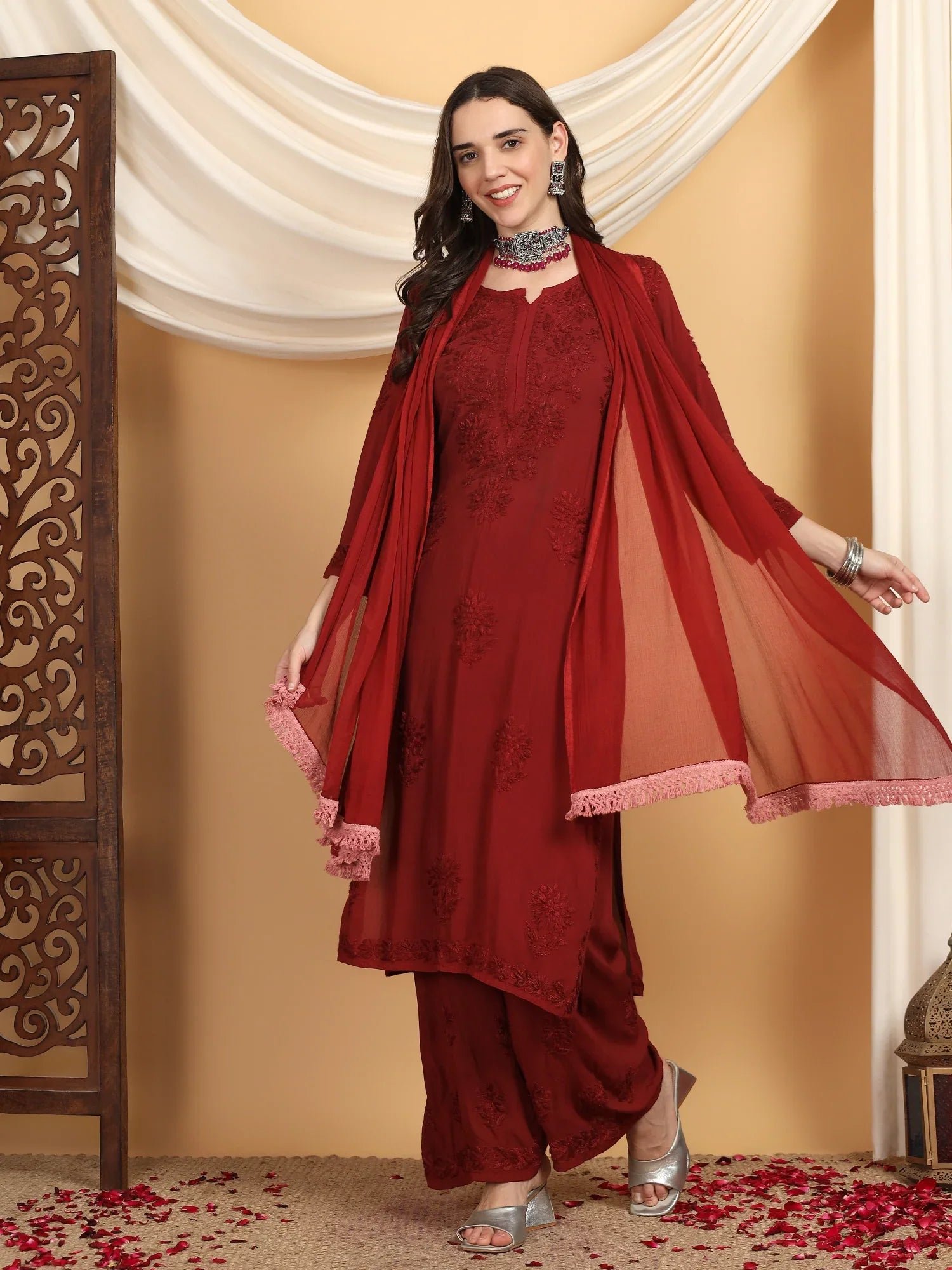 Farha Chikankari Premium Modal Co-ord Set (Maroon) - Image 3