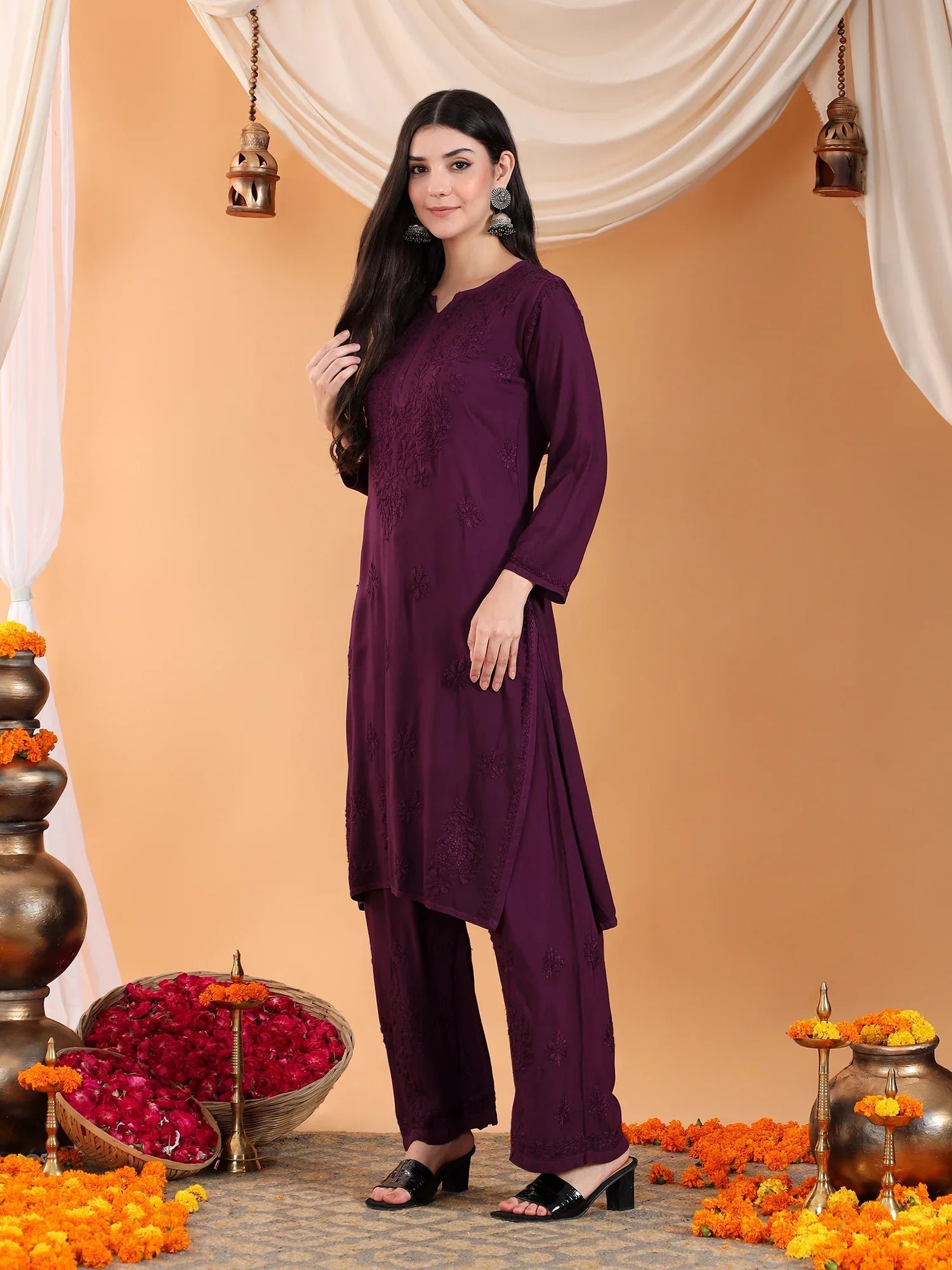 Maryam Chikankari Rayon Co-ord Set (Wine) - Image 7