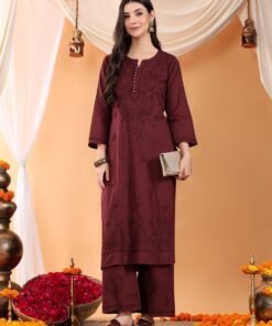 Priya Chikankari Kurta Palazzo Cotton Co-ord Set (Brown)