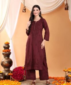 Alternative view of Priya Chikankari Kurta Palazzo Cotton Co-ord Set (Brown)