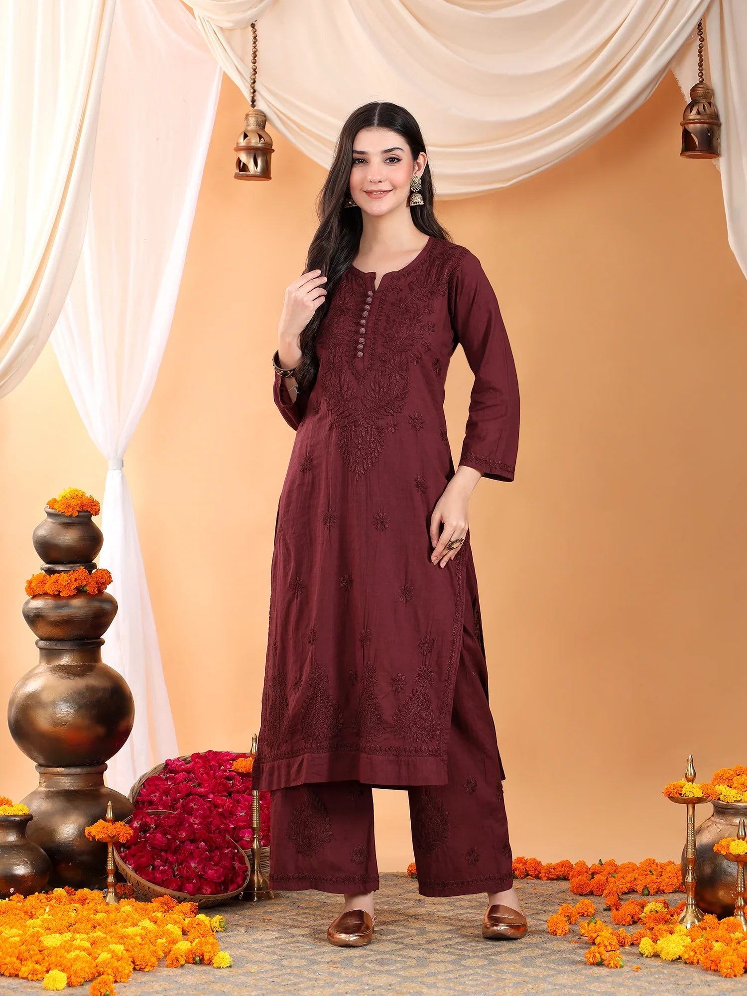 Priya Chikankari Kurta Palazzo Cotton Co-ord Set (Brown) - Image 2