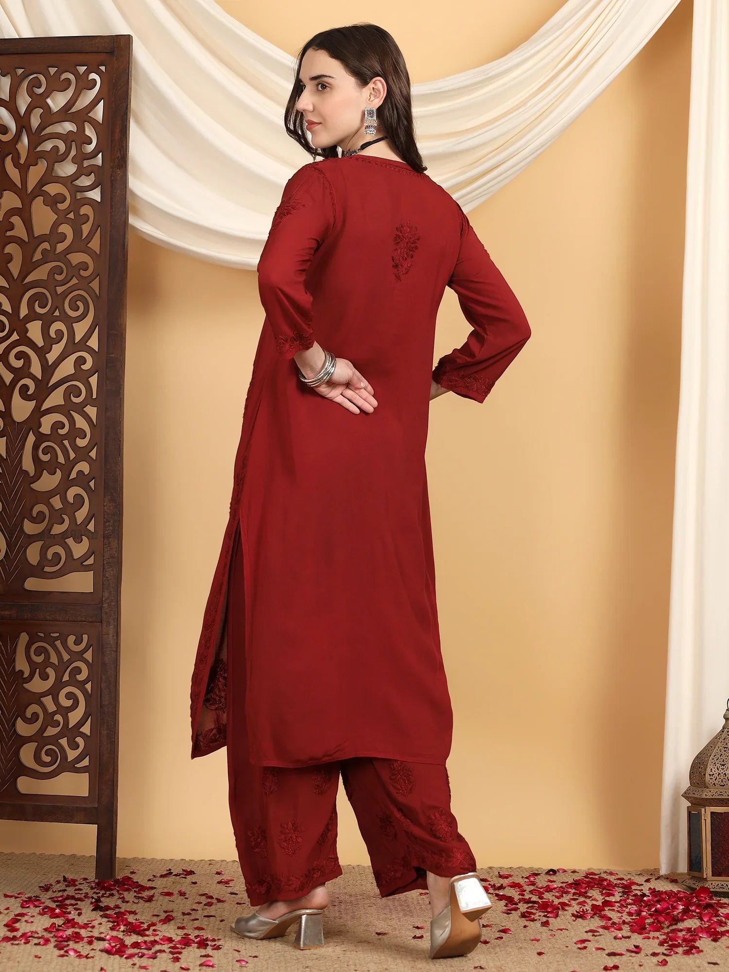 Farha Chikankari Premium Modal Co-ord Set (Maroon) - Image 5