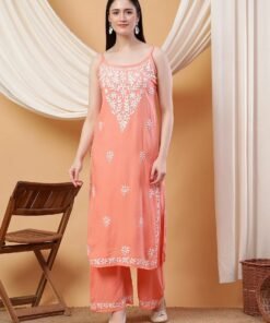 Raha Chikankari Strappy Rayon Co-ord Set (Peach)