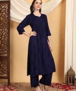 Faiza Chikankari Rayon Co-ord Set (Navy) - Image 3