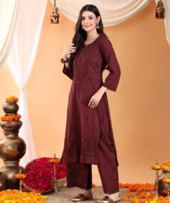 Priya Chikankari Kurta Palazzo Cotton Co-ord Set (Brown) - Image 3