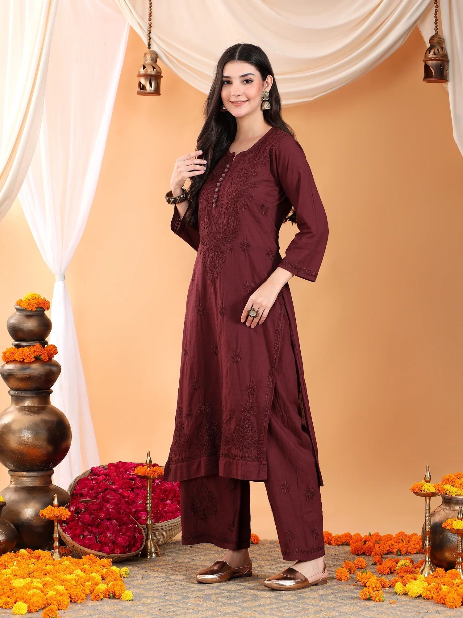 Priya Chikankari Kurta Palazzo Cotton Co-ord Set (Brown) - Image 3