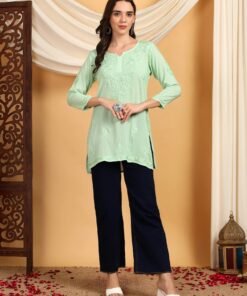 Misha Chikankari Modal Short Kurti (Pista Green)