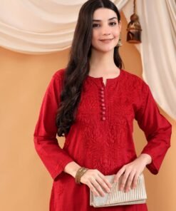 Alternative view of Ananya Chikankari Kurta Pant Cotton Co-ord Set (Maroon)