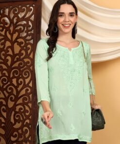 Alternative view of Misha Chikankari Modal Short Kurti (Pista Green)