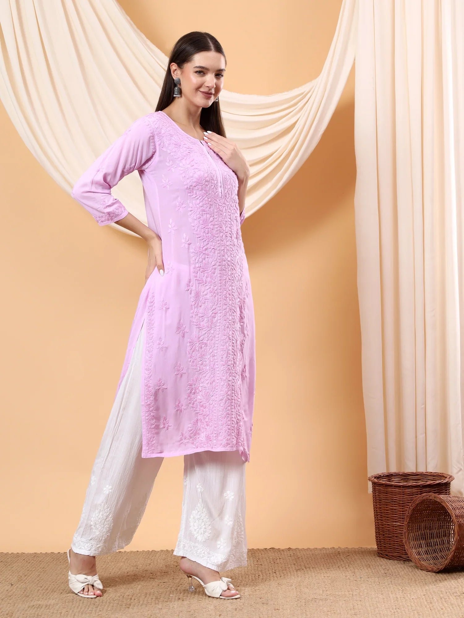 Alina Chikankari Modal Straight Kurta (Lilac) - Image 3