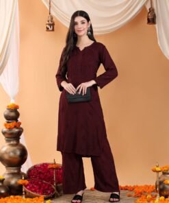 Maryam Chikankari Rayon Co-ord Set (Brown)