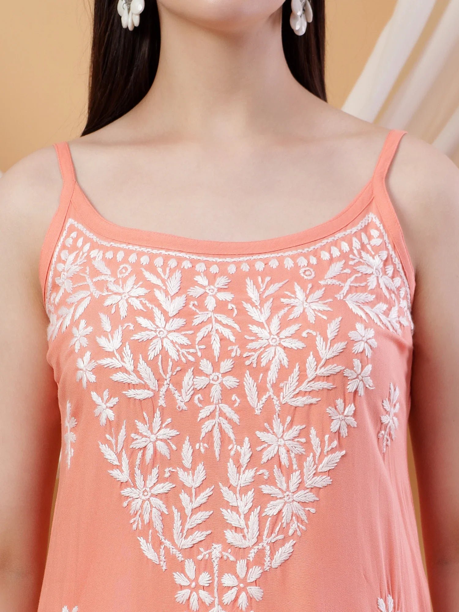 Raha Chikankari Strappy Rayon Co-ord Set (Peach) - Image 2