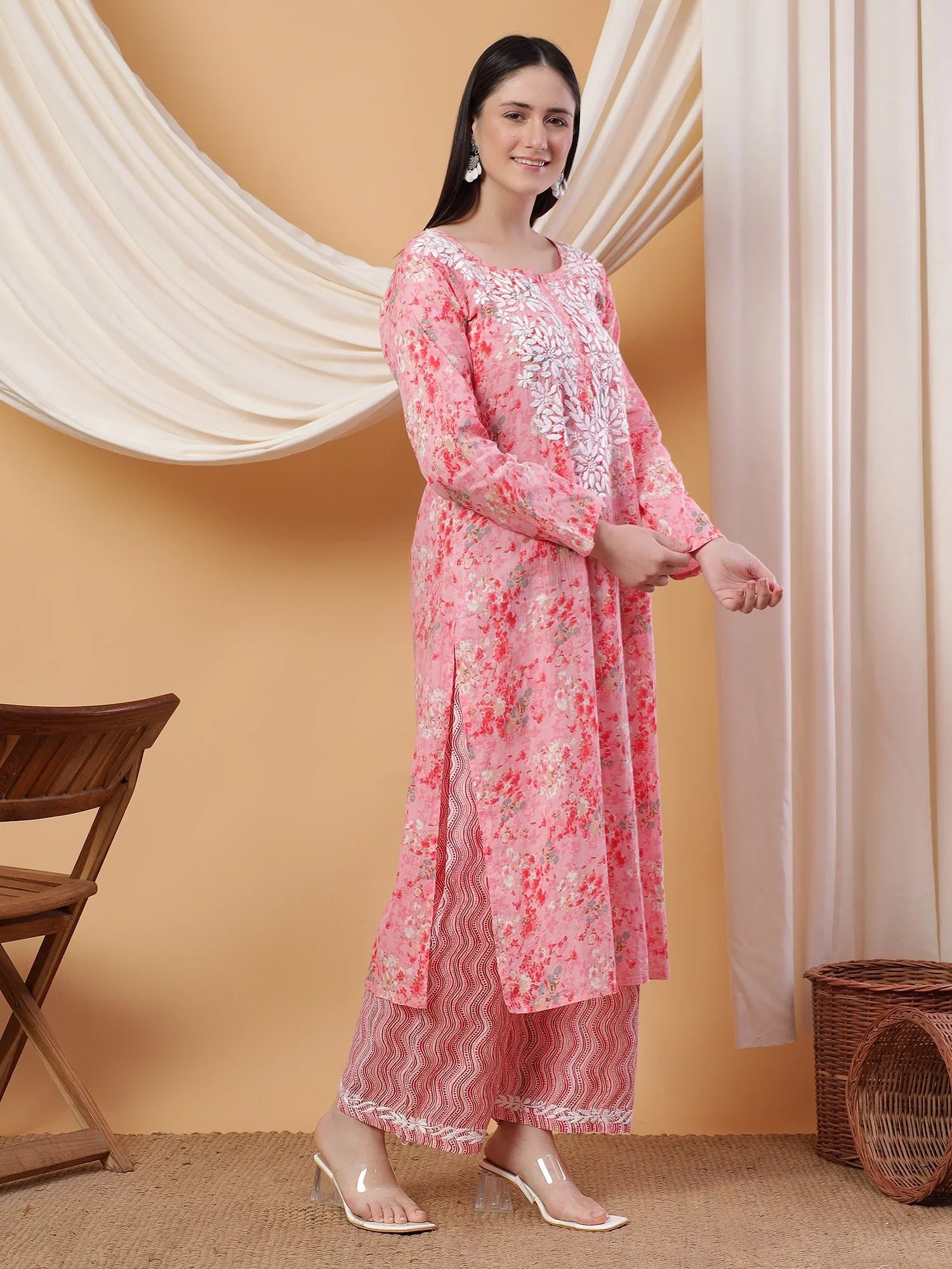 Anika Chikankari Mulmul Co-ord Set (Red) - Image 4