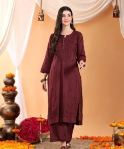 Priya Chikankari Kurta Palazzo Cotton Co-ord Set (Brown) - Image 4