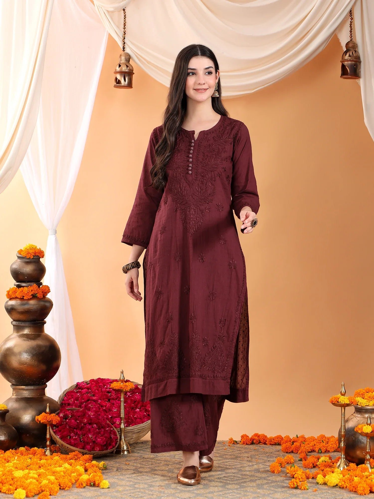 Priya Chikankari Kurta Palazzo Cotton Co-ord Set (Brown) - Image 4