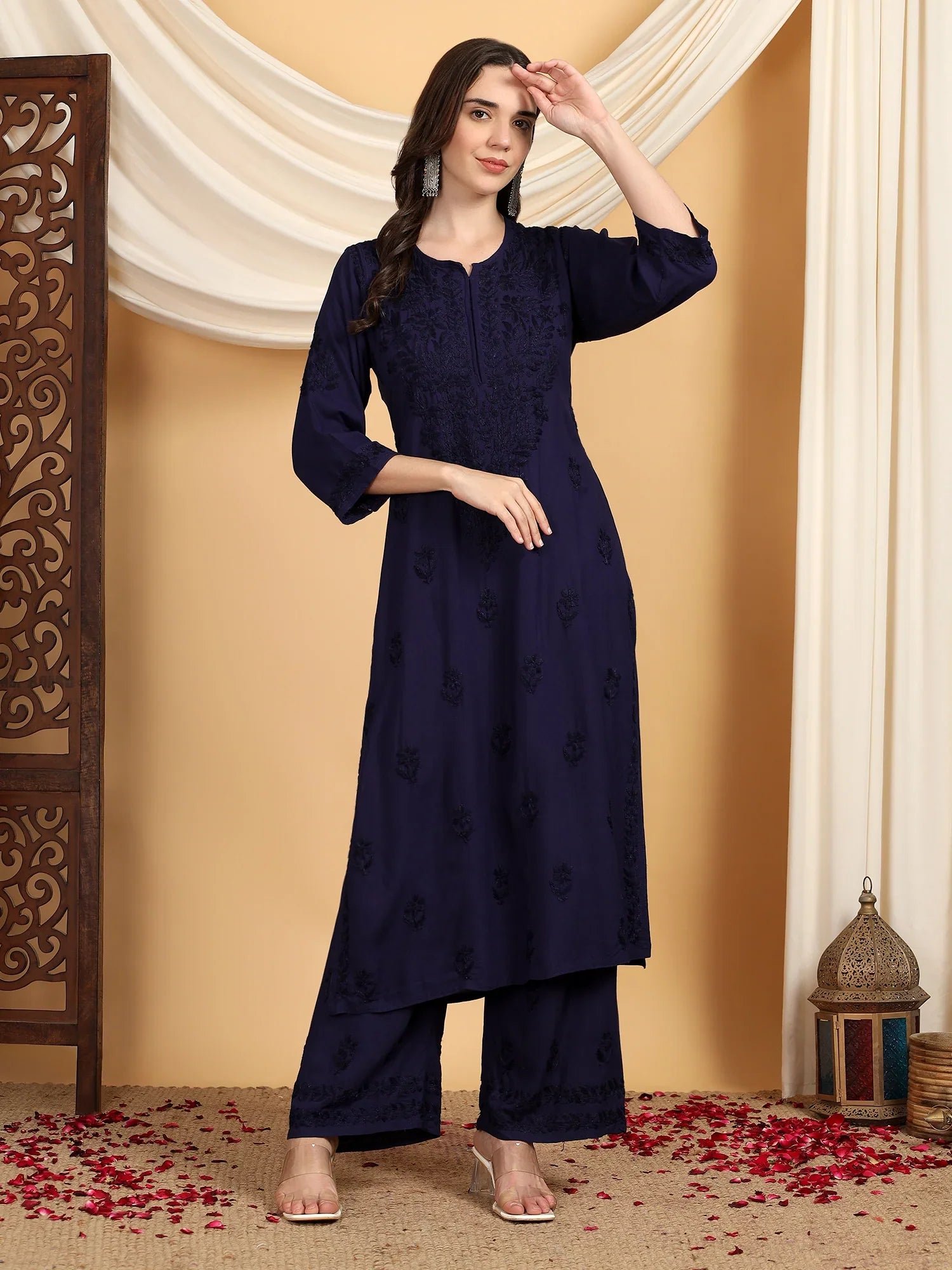 Faiza Chikankari Rayon Co-ord Set (Navy) - Image 4