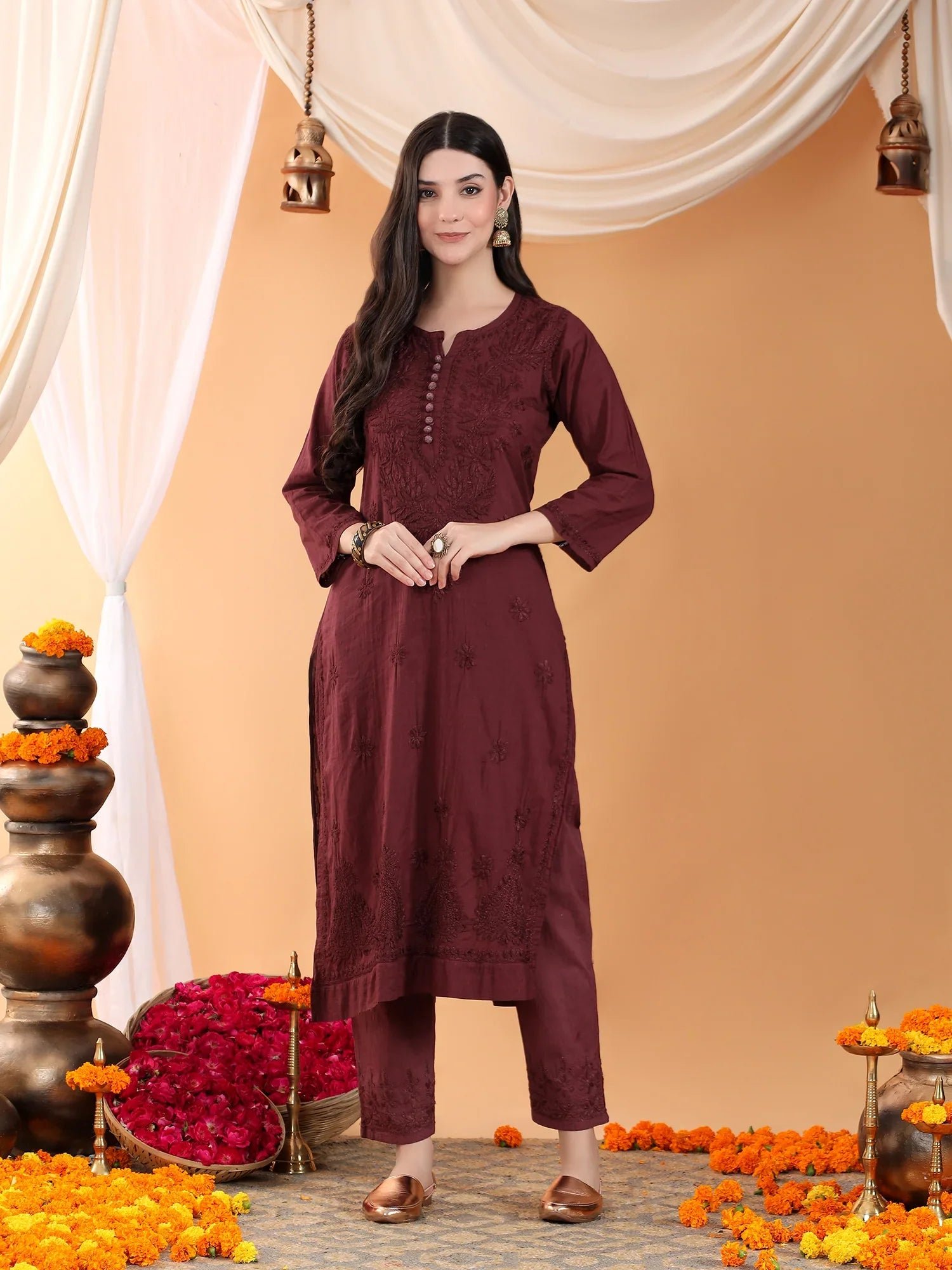 Ananya Chikankari Kurta Pant Cotton Co-ord Set (Brown) - Image 3