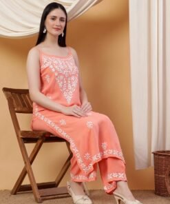 Raha Chikankari Strappy Rayon Co-ord Set (Peach) - Image 3