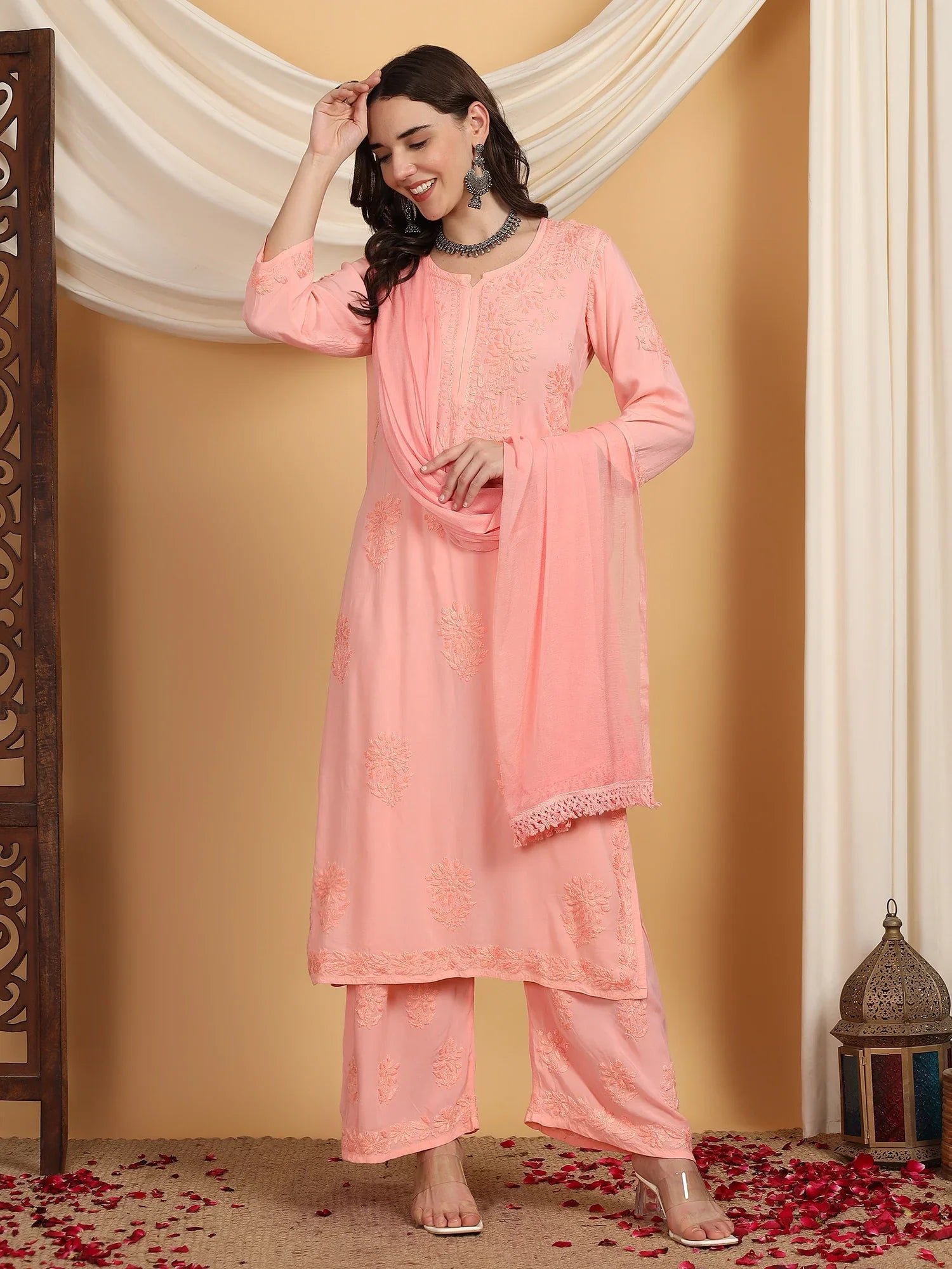 Farha Chikankari Premium Modal Co-ord Set (Peach) - Image 2