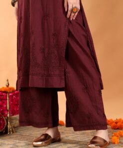 Priya Chikankari Kurta Palazzo Cotton Co-ord Set (Brown) - Image 5
