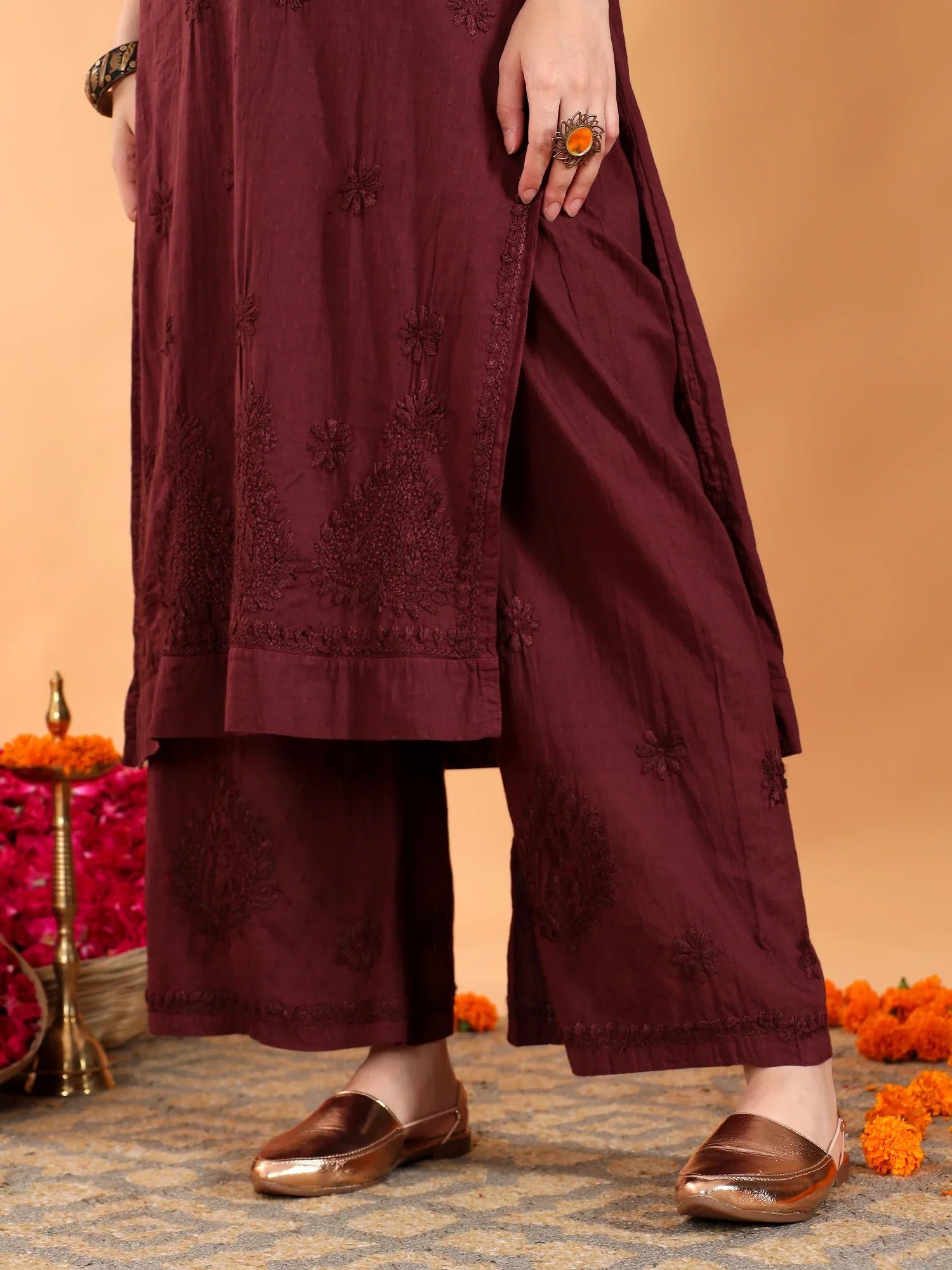 Priya Chikankari Kurta Palazzo Cotton Co-ord Set (Brown) - Image 5