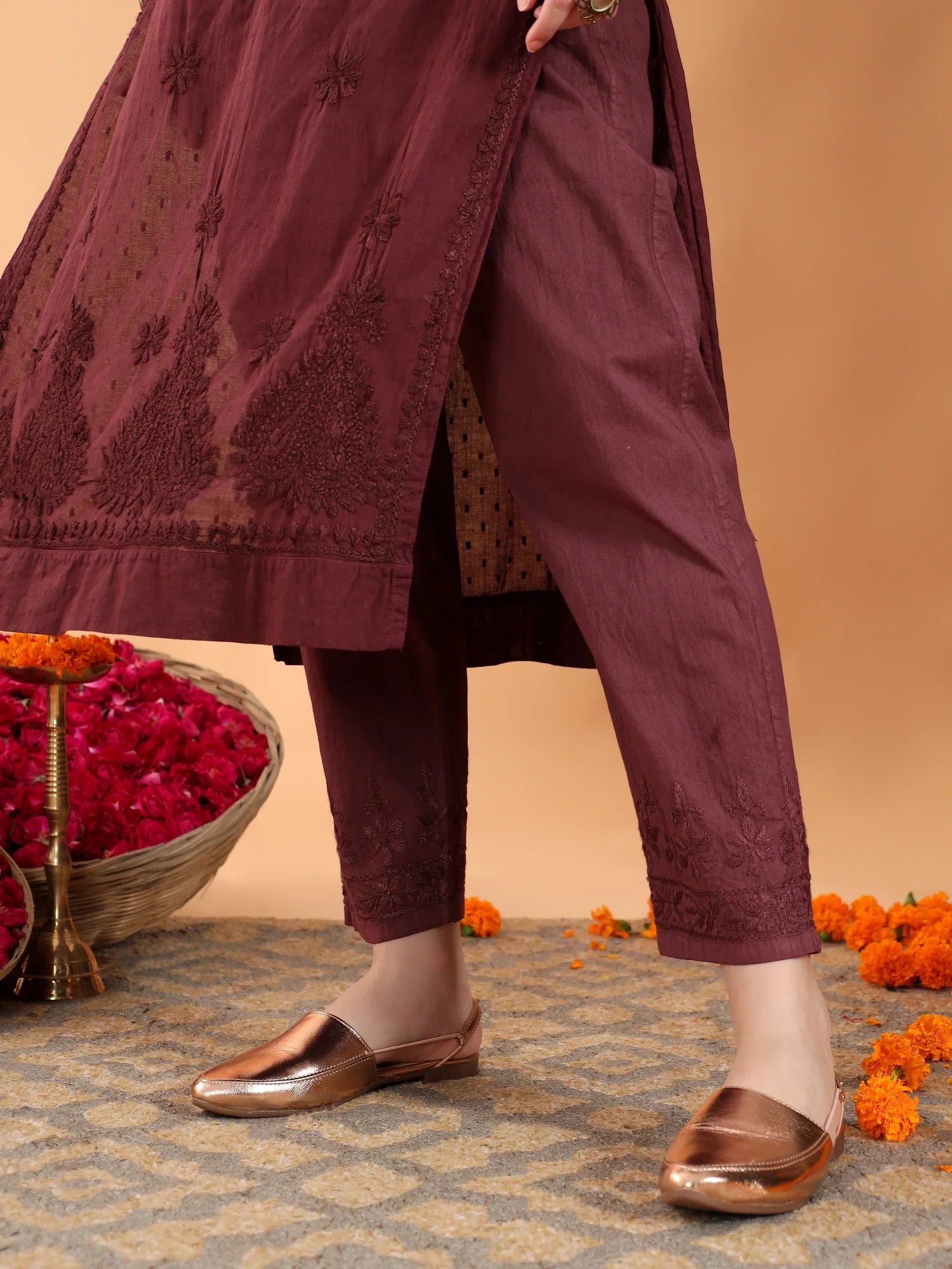 Ananya Chikankari Kurta Pant Cotton Co-ord Set (Brown) - Image 4