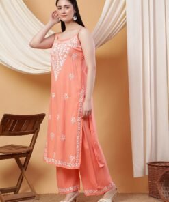 Raha Chikankari Strappy Rayon Co-ord Set (Peach) - Image 4