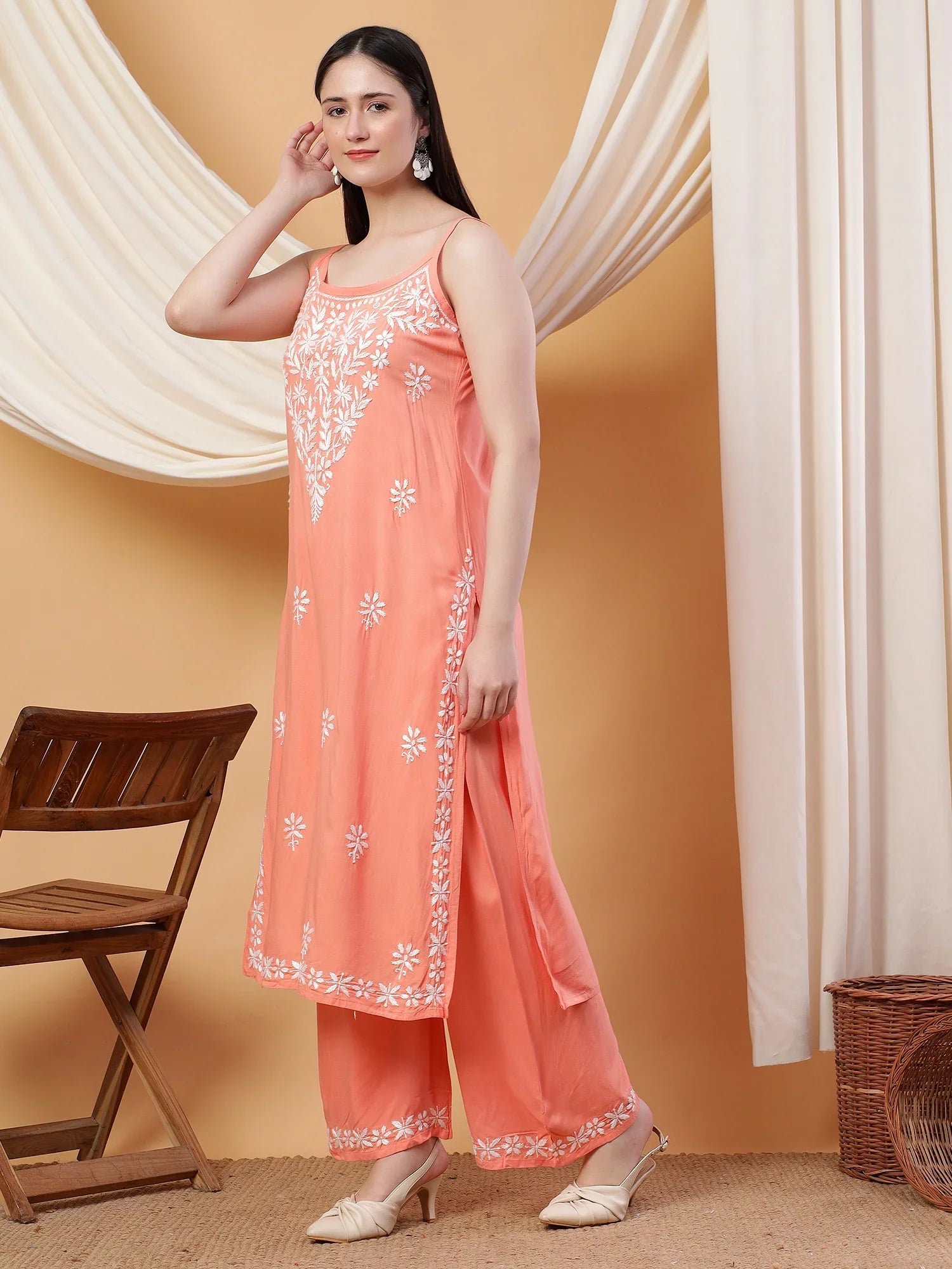 Raha Chikankari Strappy Rayon Co-ord Set (Peach) - Image 4