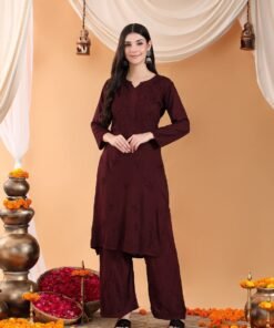Maryam Chikankari Rayon Co-ord Set (Brown) - Image 3