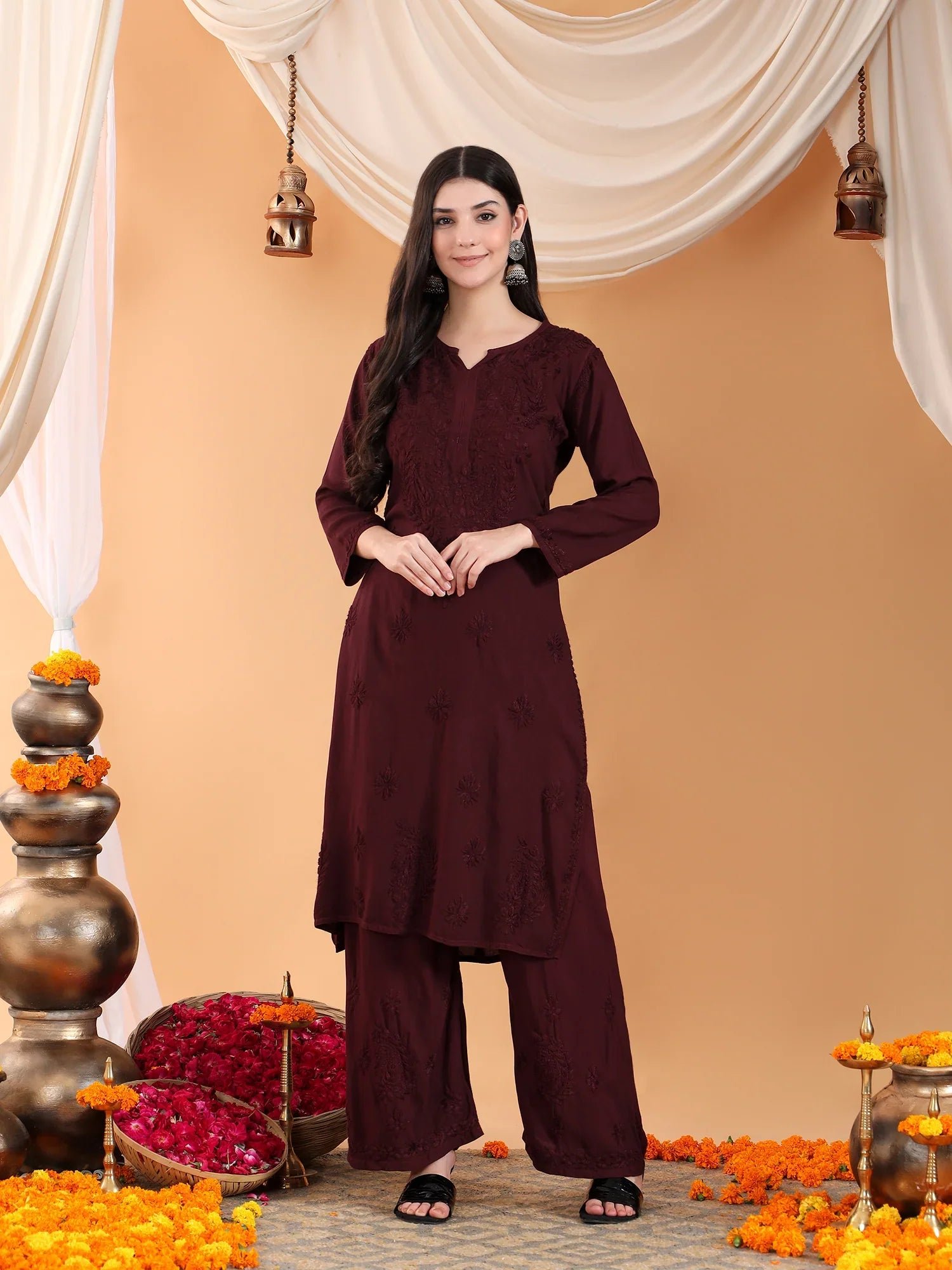 Maryam Chikankari Rayon Co-ord Set (Brown) - Image 3